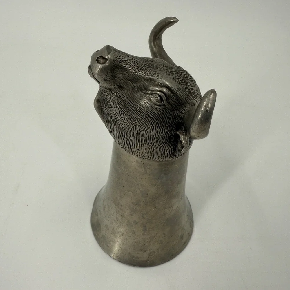 Vintage Pewter Bull Steer Head‎ Stirrup Cup 5 Inch Tall Hunting Cabin Barware